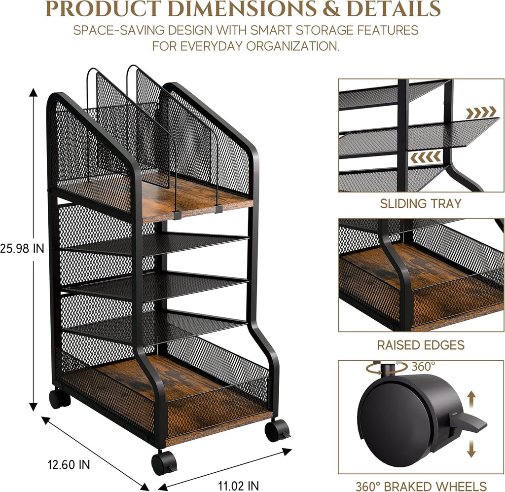 5-Tier Rolling File Cart Lockable Wheel Organizer