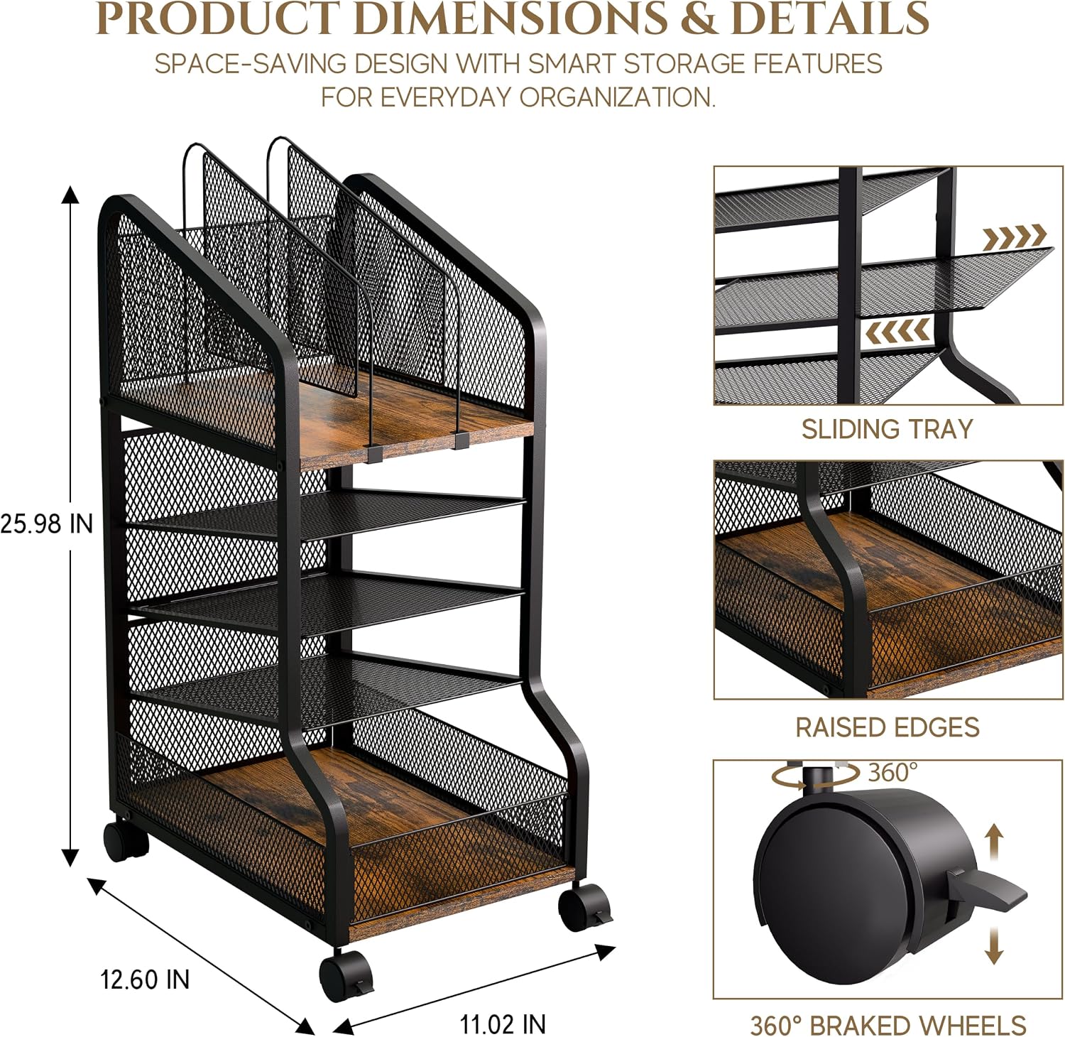 5-Tier Rolling File Cart Lockable Wheel Organizer
